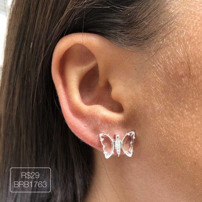 Brinco Borboleta Asa Vidro Cristal Prateado